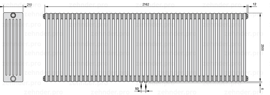 Схема (чертеж) Радиатор Zehnder Charleston 6250/47 №5410 Белый глянцевый RAL 9016